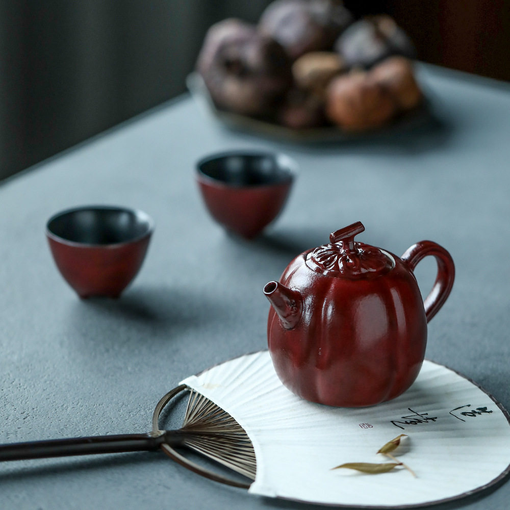 晴先生故宫红温润手绘窑变茶壶复古泡茶器日式粗陶功夫茶具套装