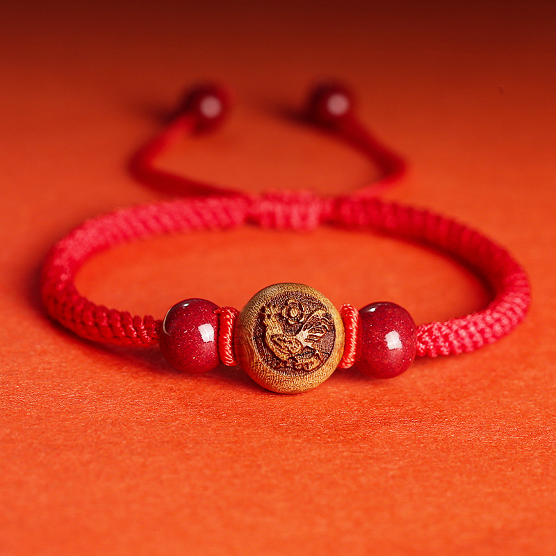 桃木手串12生肖女士护身符婴儿红绳编织绳手链男款手绳朱砂