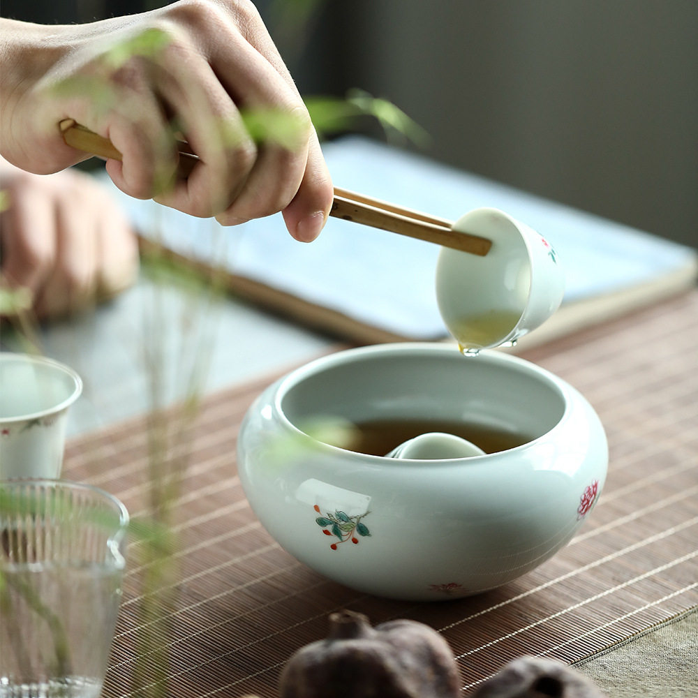 景德镇手绘仿古茶具茶洗粉彩茶具大号仿古青陶瓷百花粉彩水洗
