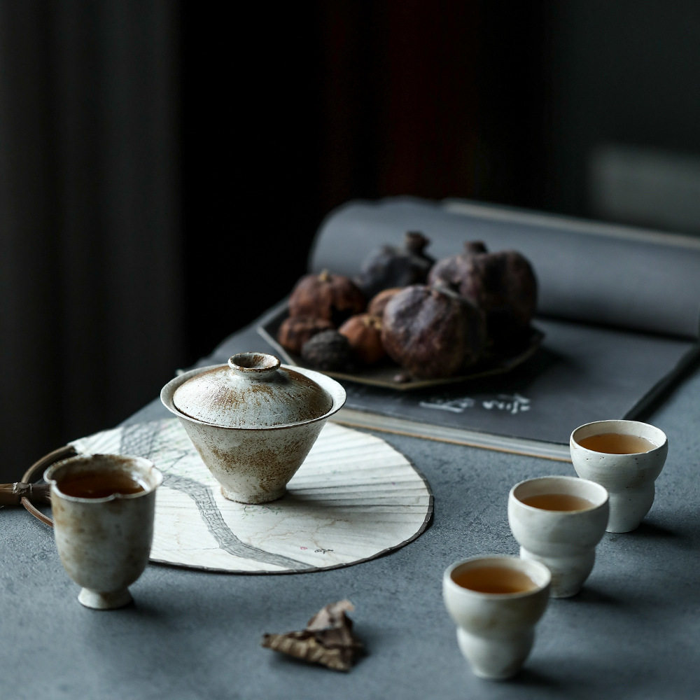 晴先生景德镇纯手作朱泥珠光白手绘功夫茶具陶瓷圆口手绘盖碗套装
