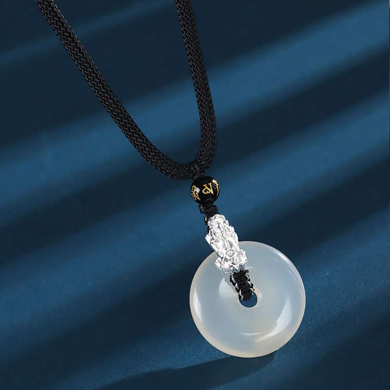 999银貔貅黑玛瑙六字箴言串珠项链女白玛瑙平安扣吊坠中国风项饰