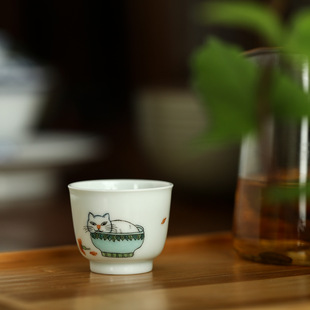 景德镇手绘粉彩猫咪小众雅集线描现在女性品茗杯茶杯聚宝盆主人杯