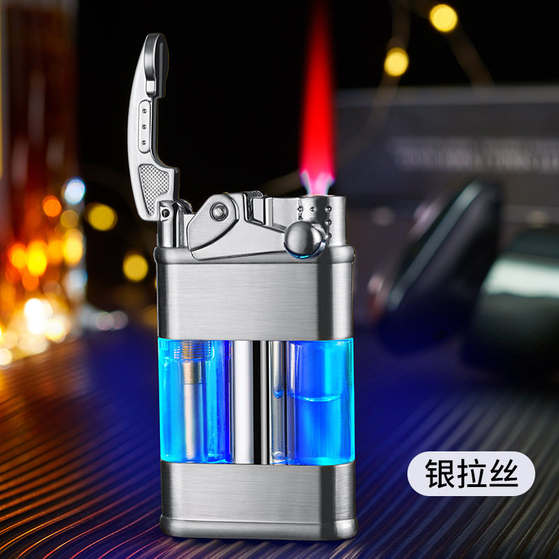 摇臂蓝灯红焰直充打火机气窗带灯高档礼品打火机工厂HB232-1