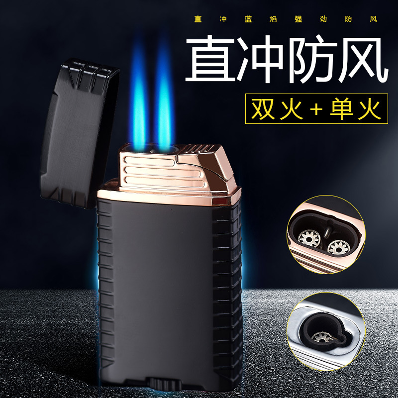 跨镜热卖新品创意个性刻字礼品广告双直冲蓝焰充气打火机户外防风