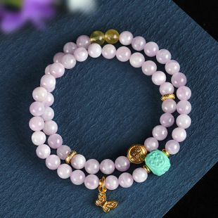 紫锂辉紫水晶串珠双圈手链女小众高级感白猫眼绿松石手串首饰