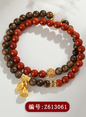 沉香木南红玛瑙双圈手链两世欢挂饰新中式文创寺院新爆款风格