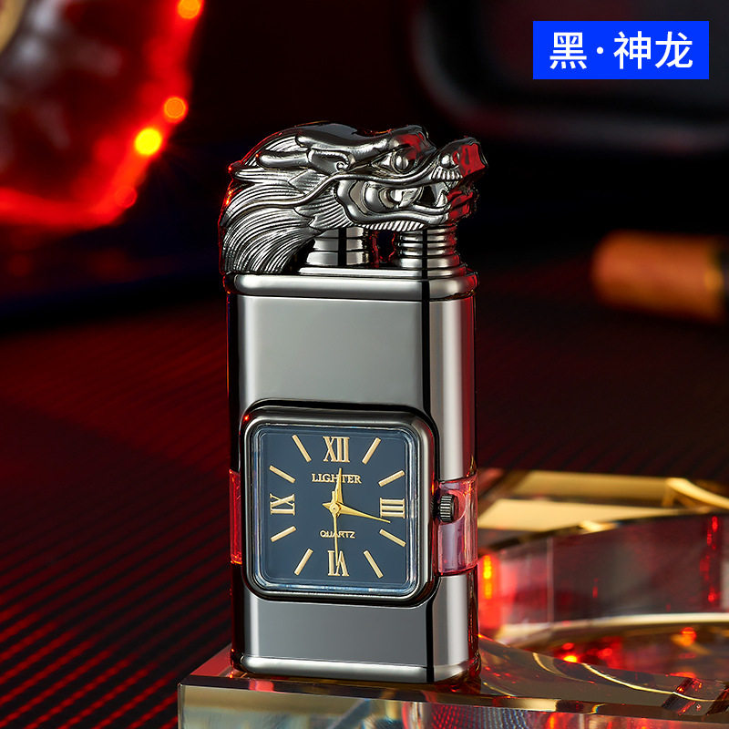 HF618电镀直冲明火双火切换真石英表盘可视气窗充气防风打火机
