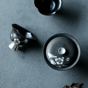 晴先生常滑烧昭龙梅原昭二朱泥窑变天目釉彩绘鎏银版刻桃花套装