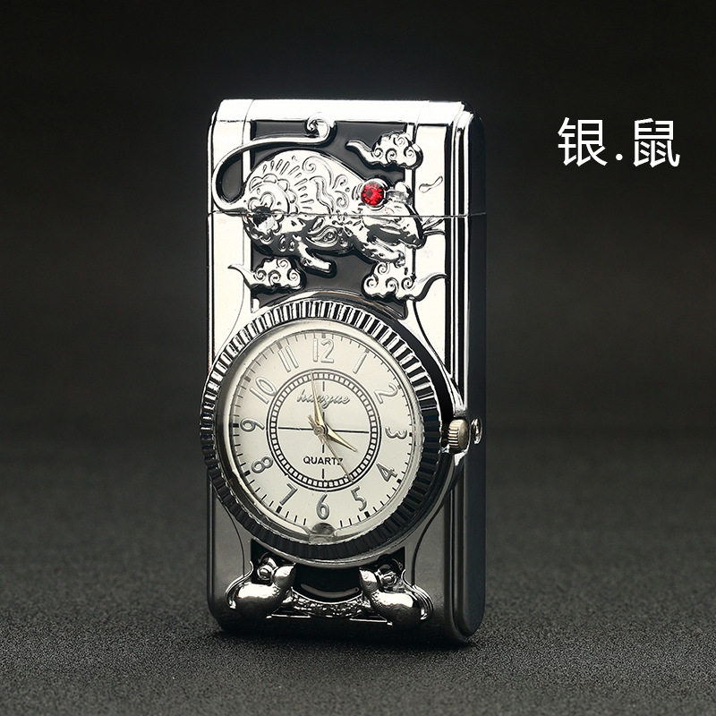 创意金属充气打火机直冲七彩灯多功能手表点烟器男士礼品
