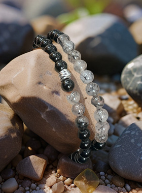 【小珠子】双层手串珠黑色系手链天然黑曜石黑发晶手链女男情侣礼
