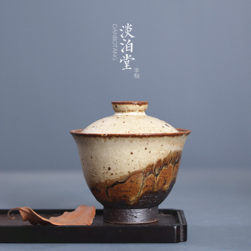 淡泊堂景德镇手工仿柴烧窑变粗陶落日岩泥三才盖碗泡茶碗