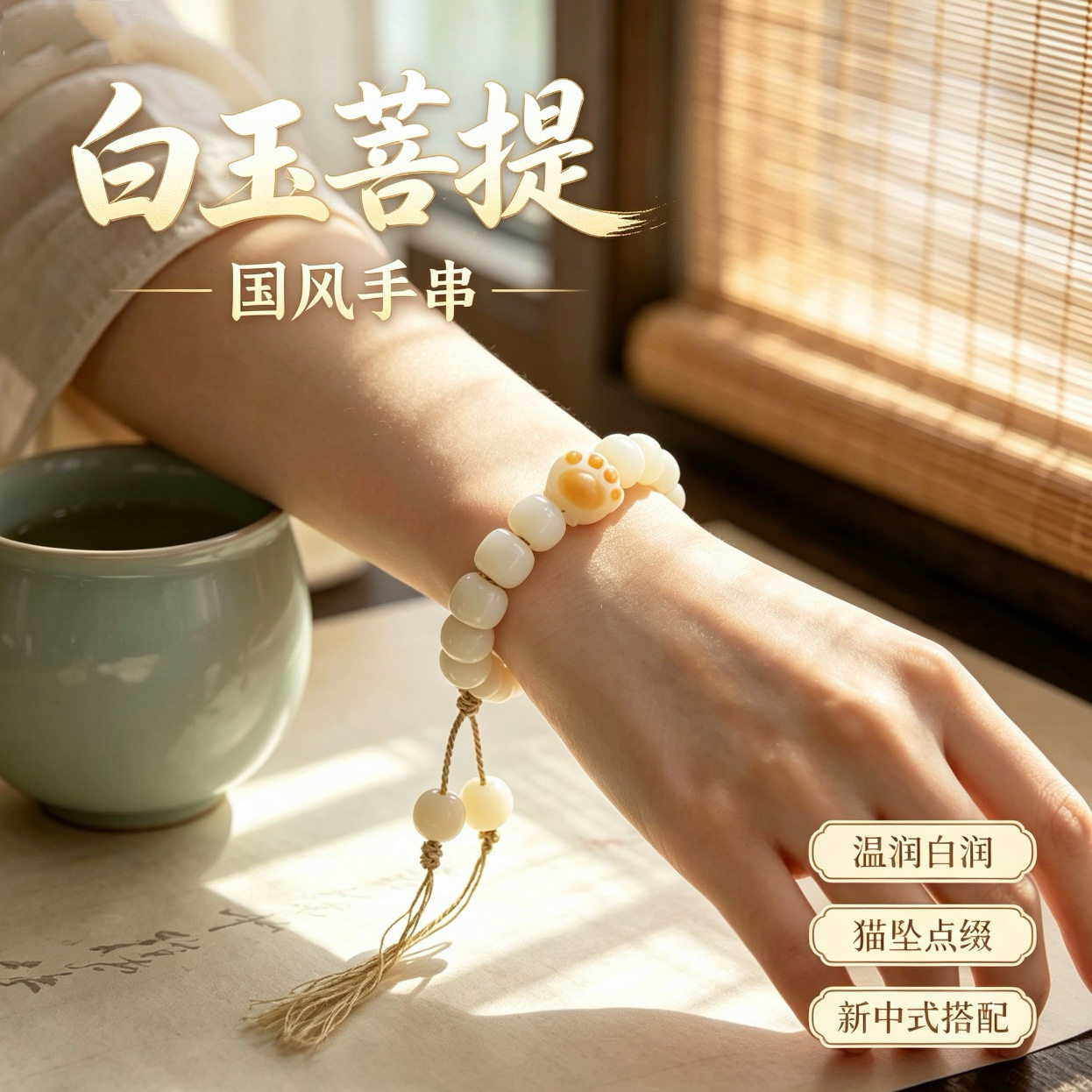白玉菩提根绕指柔民族风奶白色炭烤猫爪手链手串苹果珠文玩批发