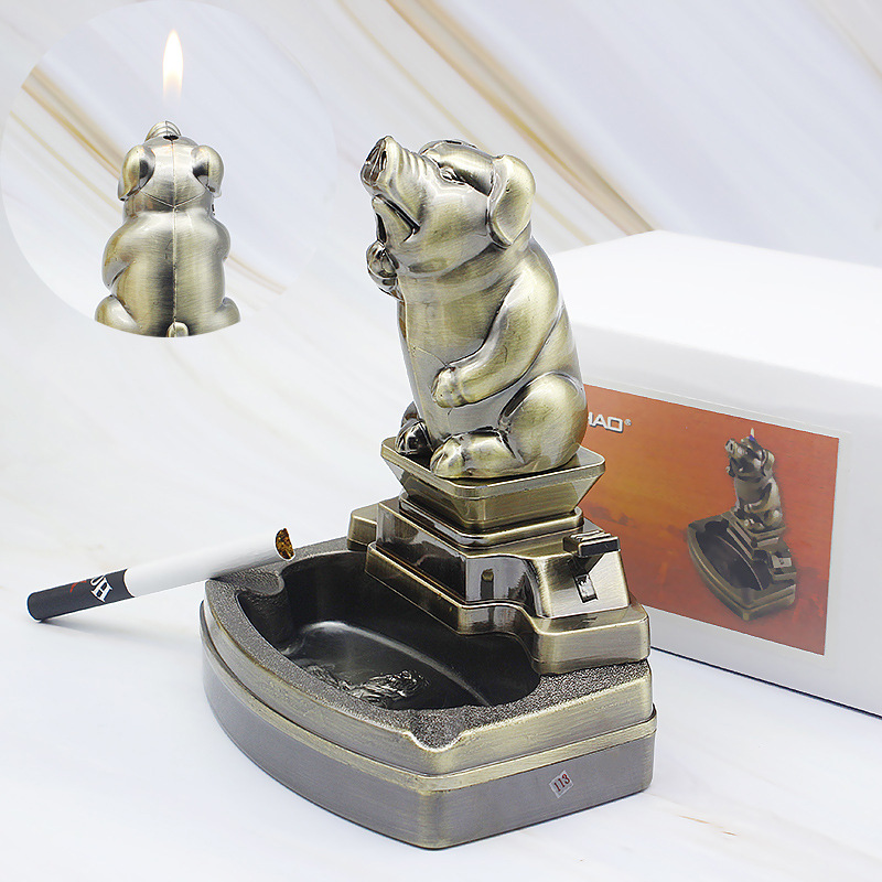 A811十二生肖猪打火机烟缸 有思想的猪 创意造型充气明火烟灰缸