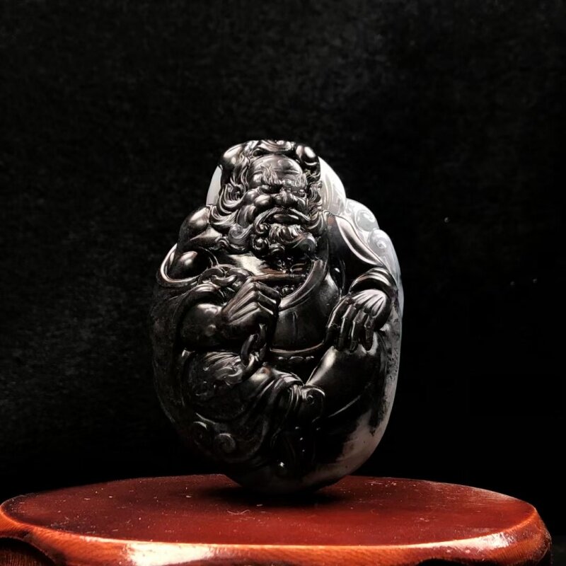 新疆和田玉青花籽料钟馗捉鬼手把件天然玉石黑白分明苏工雕刻把玩