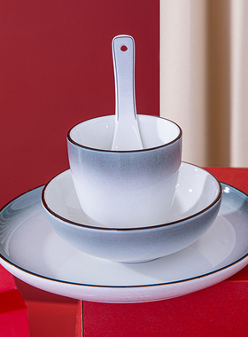 釉下彩灰色中式简约加厚酒店摆台陶瓷餐具饭店碗碟四件套定制logo