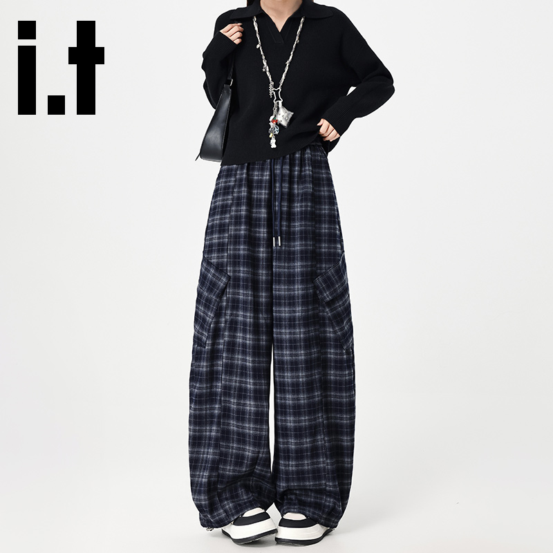 it藏蓝色格子工装裤女秋高腰显瘦