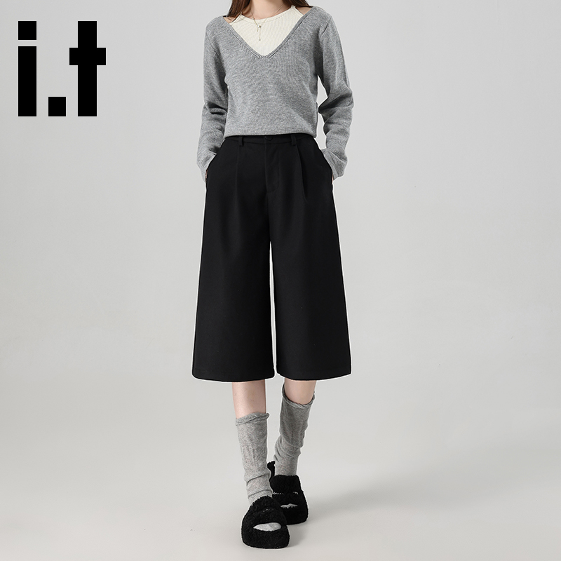 it七分毛呢阔腿裤女秋冬高腰遮跨