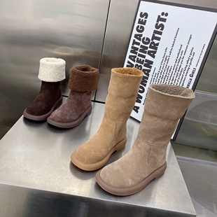 真皮雪地靴女冬季 网红后搭扣平底短靴中筒靴两穿靴子 加绒加厚棉鞋