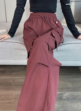 红色工装裤女款2025新款春秋小个子美式复古宽松直筒登山阔腿裤子