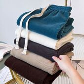 高腰垂感直筒休闲加绒加厚条绒裤 新款 女秋冬胖MM大码 孔雀蓝阔腿裤