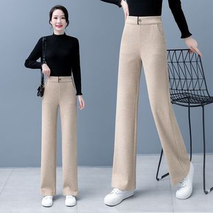 子宽松显瘦直筒裤 加厚雪尼尔阔腿裤 保暖加绒裤 高腰休闲长裤 秋冬季