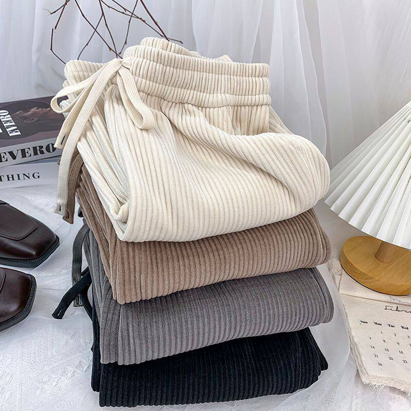 直筒女裤子阔腿裤2025秋冬季新款特大码300斤条绒女加绒裤子宽松