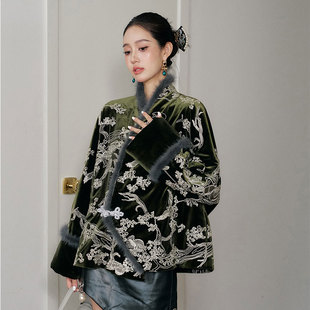 24秋绿色拼灰色重工刺绣弹力丝绒宽松随意显瘦中式棉服外套上衣女