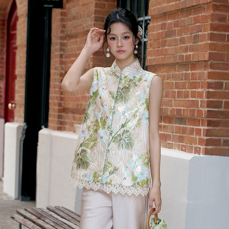 春绿色刺绣拼蕾丝国风百搭马甲女图片