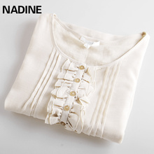 NADINE春夏新款 天丝竹节麻T恤女森女风木耳边A版短袖衬衫