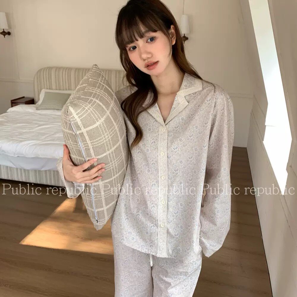 出口韩国女士梭织纯棉薄款甜美花边小碎花长袖长裤家居服睡衣套装