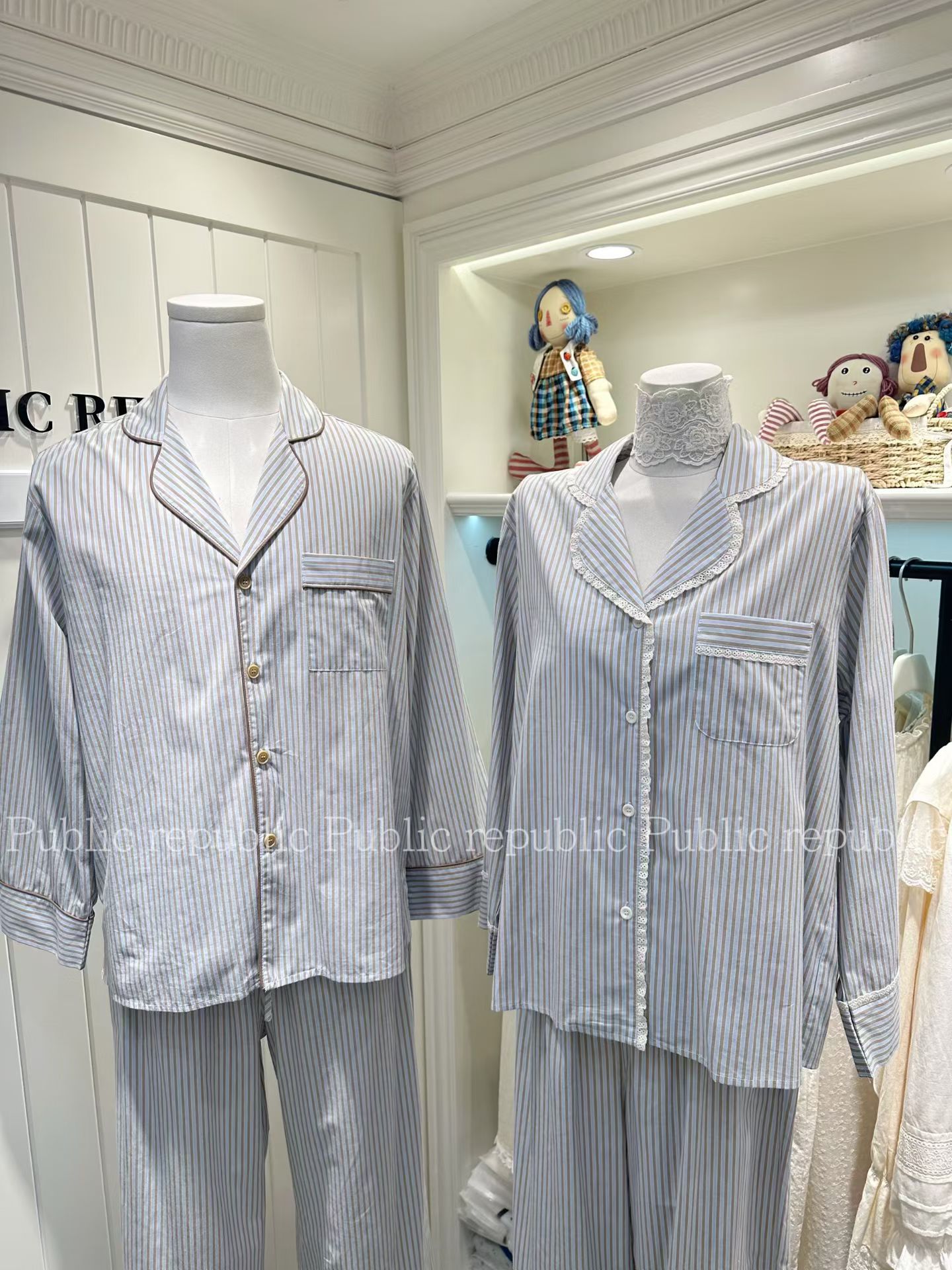 韩国东大门同款条纹花边休闲开衫翻领长袖长裤情侣家居服睡衣套装