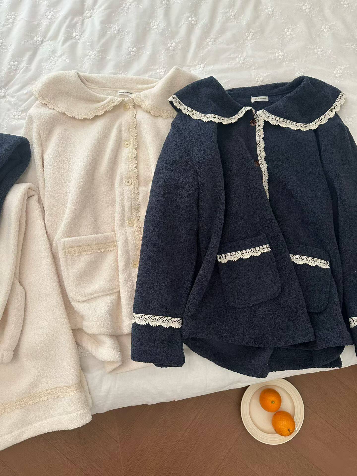 韩国东大门同款韩系奥粒绒加厚大翻领花边长袖长裤家居服睡衣套装