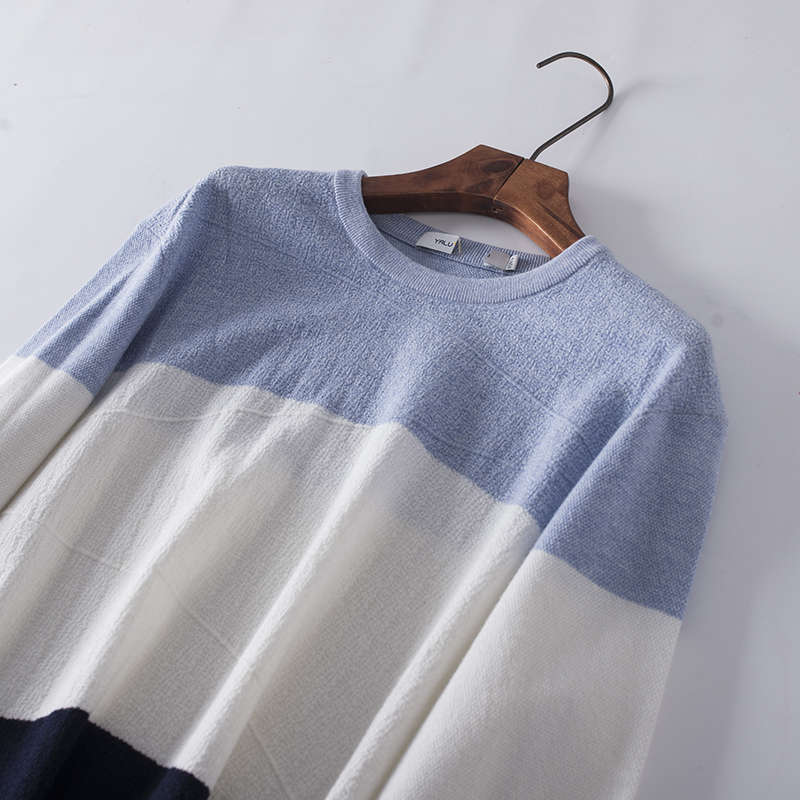 品牌折扣男士毛衣秋季薄款男毛边小众圆领撞色修身针织衫打底男装