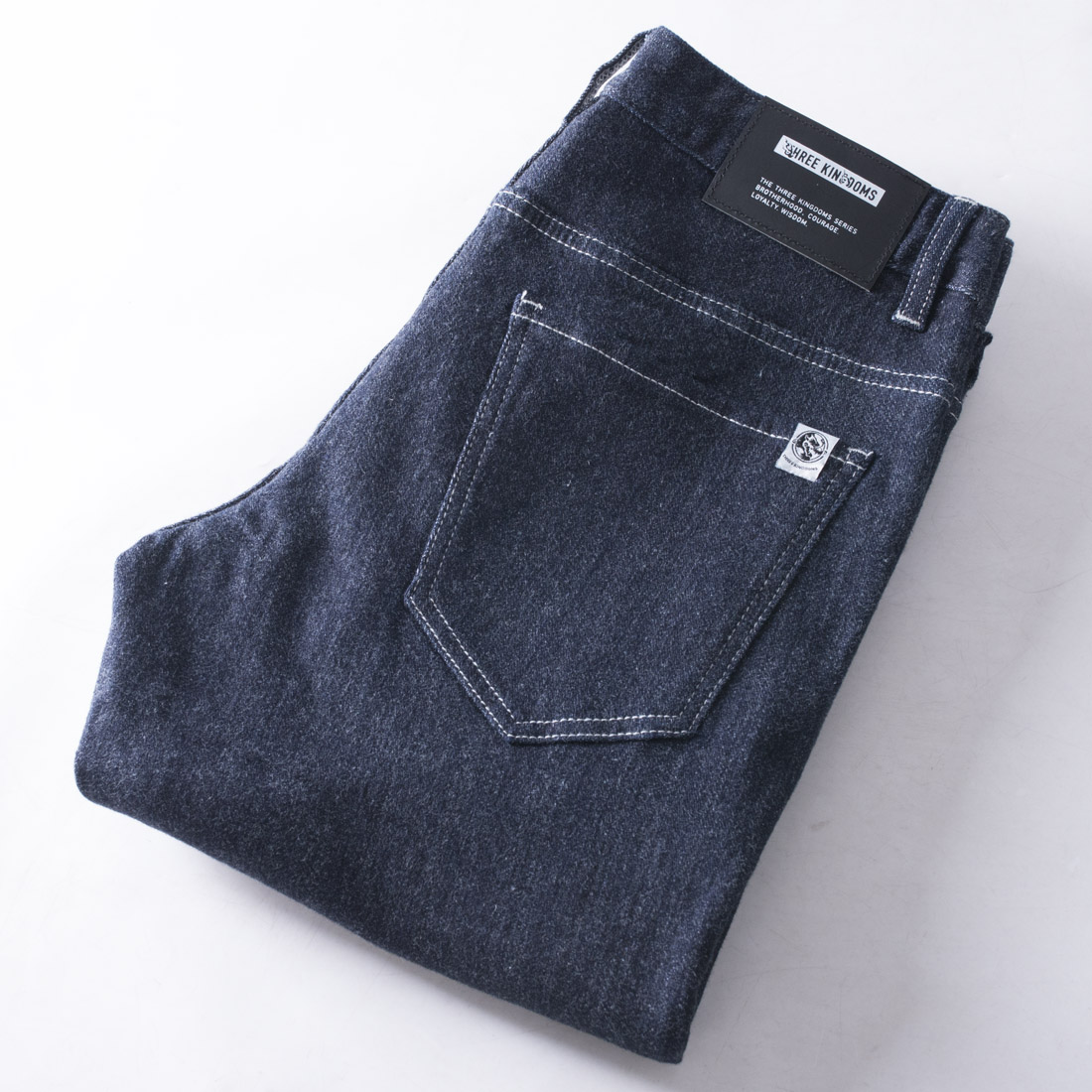 厚款蓝色直筒牛仔裤微弹中腰长裤