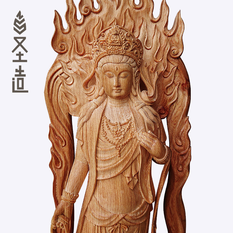新品清刀雕刻木雕南海观音实木佛像摆件家用桧木观世音 圣造