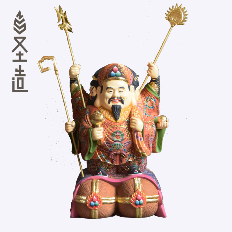 唐密三面大黑天财神木雕密宗佛像居家摆件定制 圣造
