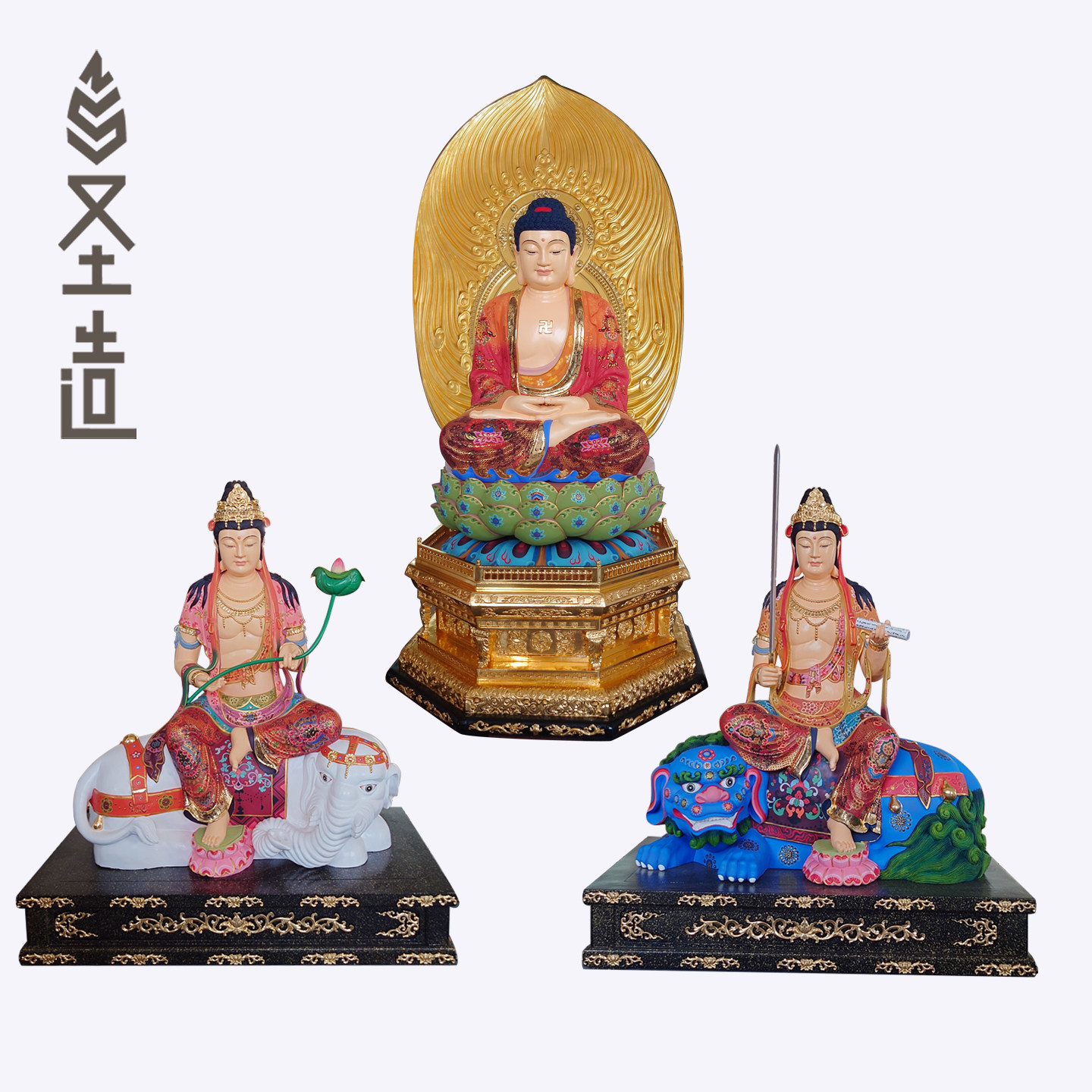 圣造木雕华严三圣佛像摆件释迦牟尼佛坐像实木文殊香樟木普贤定制
