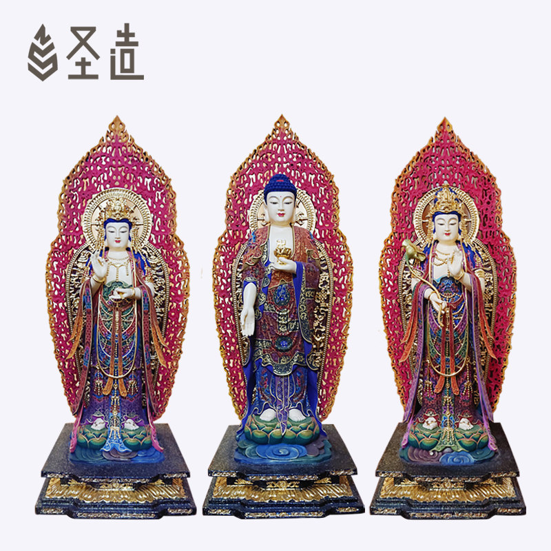 家用樟木西方三圣木雕佛像观音大势至三圣佛像定制 圣造