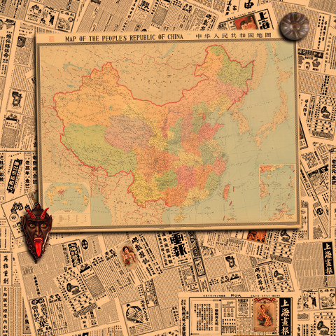 中华人民共和国地图复古全图1984版酒吧咖啡厅装饰画挂画壁画画芯