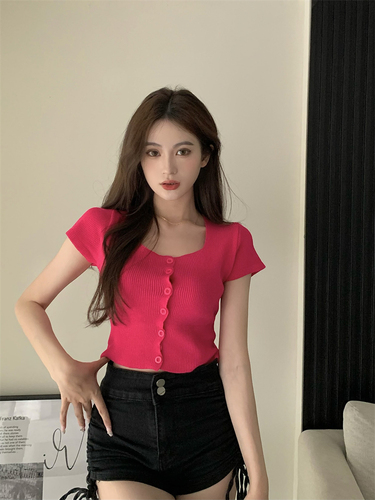 Real auction real price summer sweet and spicy square collar short sleeve sweater short candy color slim fit versatile top