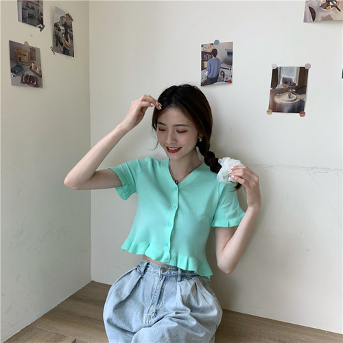 Real photo real price summer new all-around short V-neck short sleeve solid color lace knitted cardigan