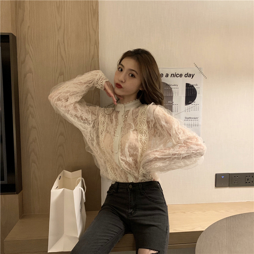 Real photo real price spring new sexy perspective lace mesh splicing long sleeve shirt fairy long sleeve