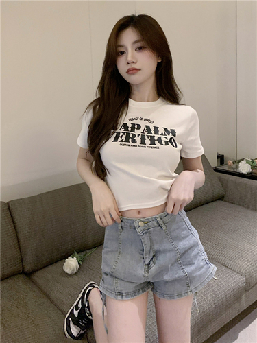 Actual shot of short printed letter round neck slim fit short-sleeved T-shirt top for women