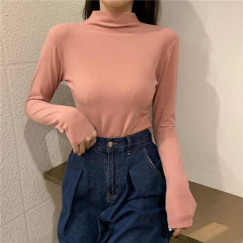 Real price real price autumn and winter foreign style self heating denim bottomed shirt women's half high collar with thickened warm and frosted top