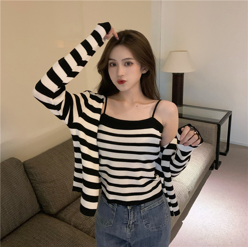 Real price foreign stripe suspender Vest + slim fit short long sleeve knitted cardigan two-piece set