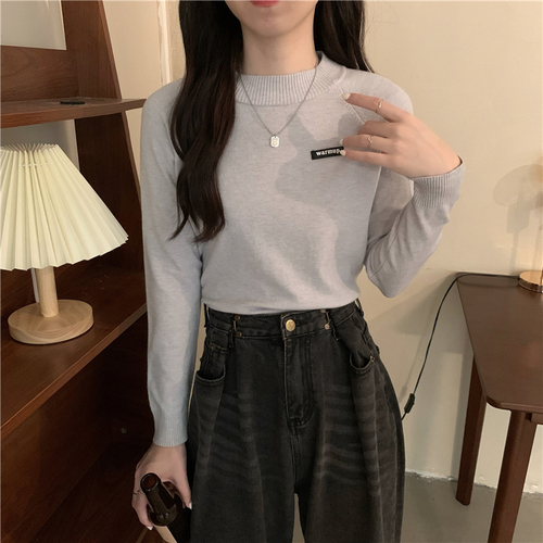 Real shot real price autumn slim half high collar long sleeve solid color short versatile Knitted Top