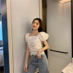 Short-style, pleated, plain-coloured square-collared short-sleeved blouse for summer women's wear