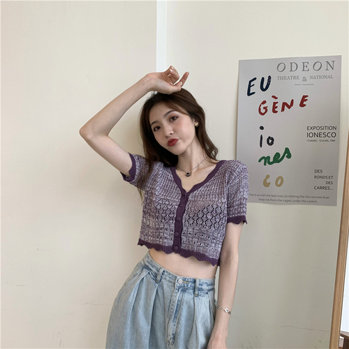 Real photo real price wooden ear edge Knitted Blouse color matching loose thin short sleeve top