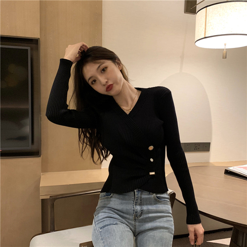 Real Price vintage irregular T-shirt early autumn long sleeve V-neck slim T-Shirt Top