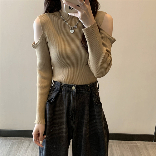 Real shot Half turtleneck slimming solid color off-shoulder long-sleeved knitted top